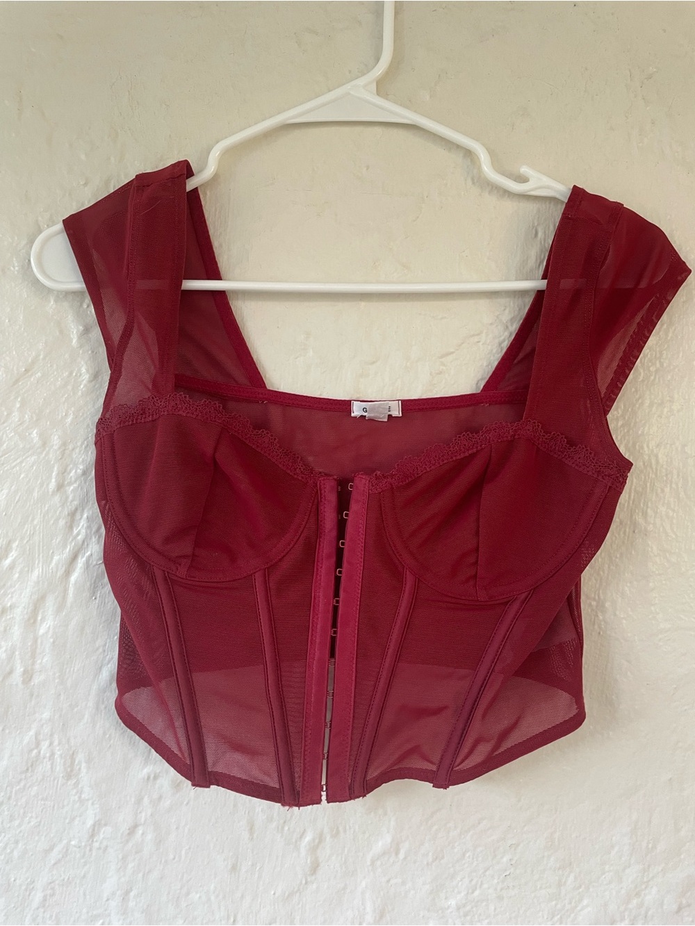 Garage Maesie cap sleeve mesh corset top, flutter sleeve, front clasp burgundy;S
